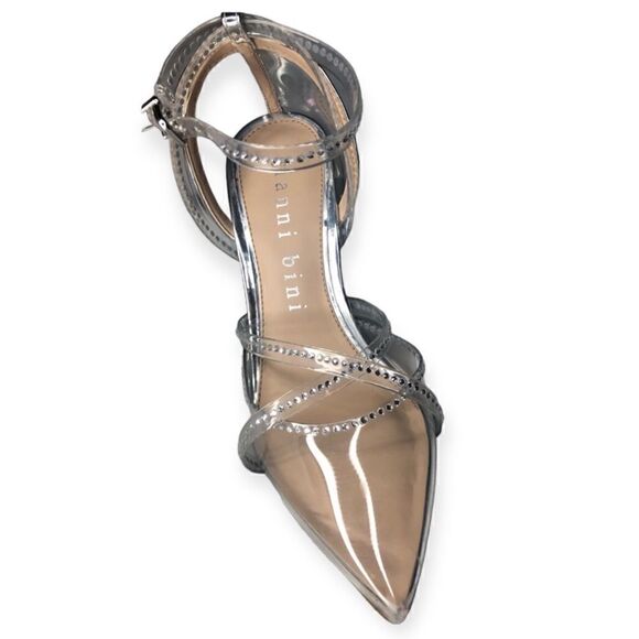 NWT Gianni Bini Clear Pointy Pumps Silver & Crystals Deco Straps Sculptured Heel - Picture 3 of 5